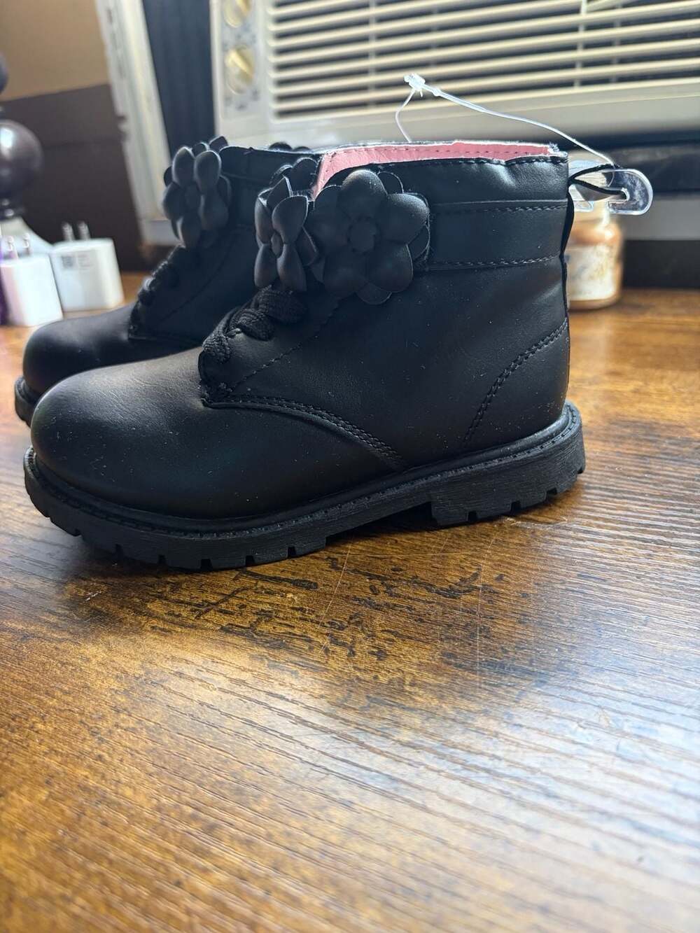 Carter's Daffodil Toddler Girls' Black Combat Boots with Flower Detail